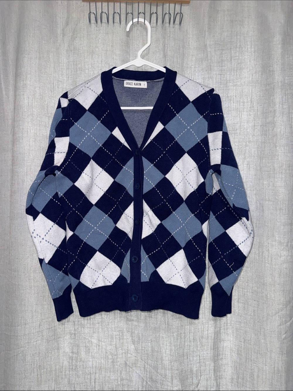 Grace Karin Blue & White Printed Argyle Cardigan Sweater